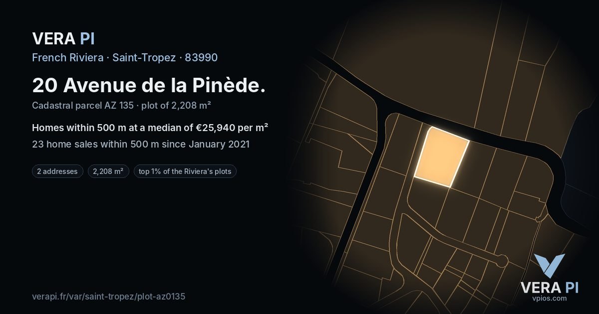 20 Avenue de la Pinède, Saint-Tropez at night – the plot lit, the parcels around coloured by the prices near them