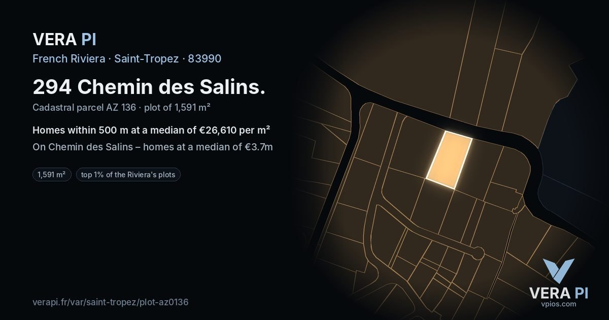 294 Chemin des Salins, Saint-Tropez at night – the plot lit, the parcels around coloured by the prices near them