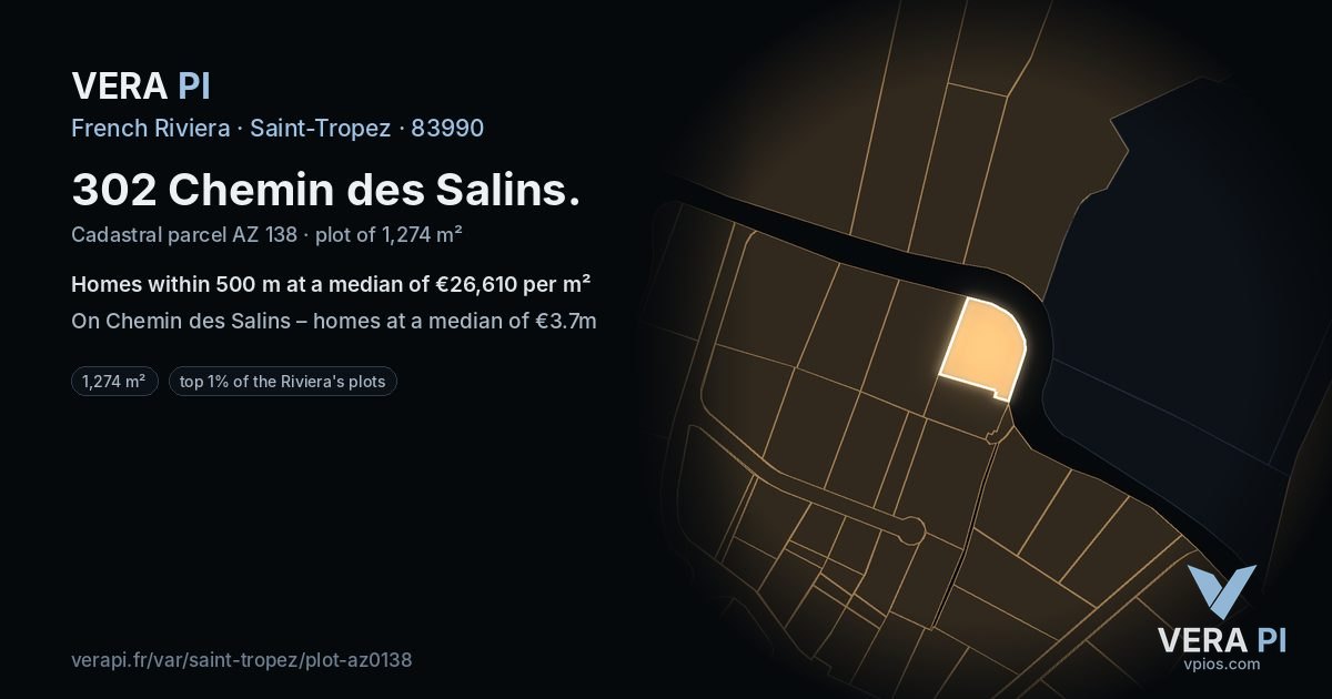 302 Chemin des Salins, Saint-Tropez at night – the plot lit, the parcels around coloured by the prices near them