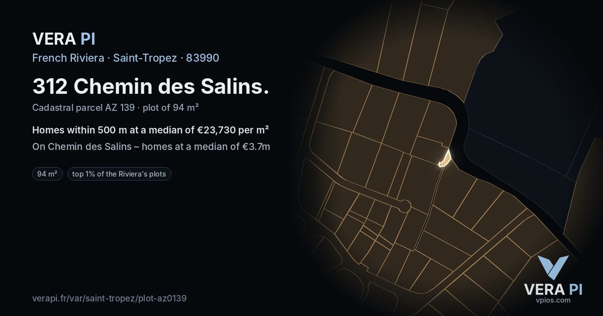 312 Chemin des Salins, Saint-Tropez at night – the plot lit, the parcels around coloured by the prices near them