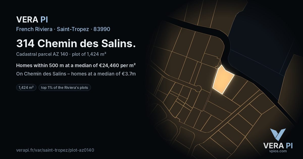 314 Chemin des Salins, Saint-Tropez at night – the plot lit, the parcels around coloured by the prices near them