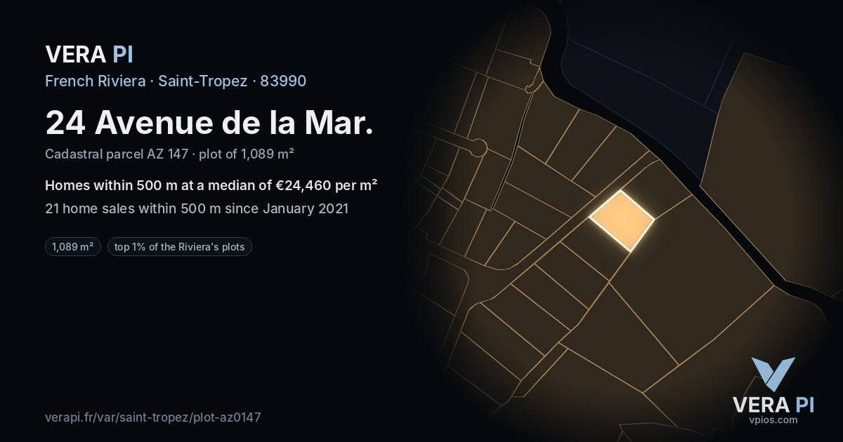 24 Avenue de la Mar, Saint-Tropez at night – the plot lit, the parcels around coloured by the prices near them