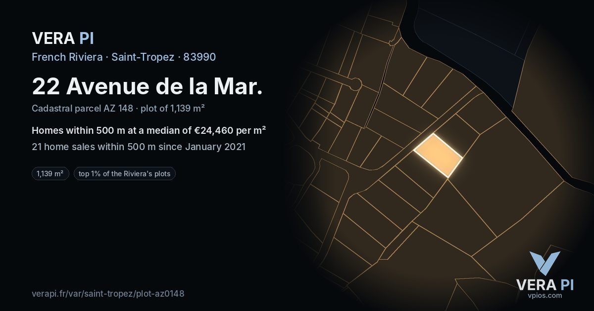 22 Avenue de la Mar, Saint-Tropez at night – the plot lit, the parcels around coloured by the prices near them
