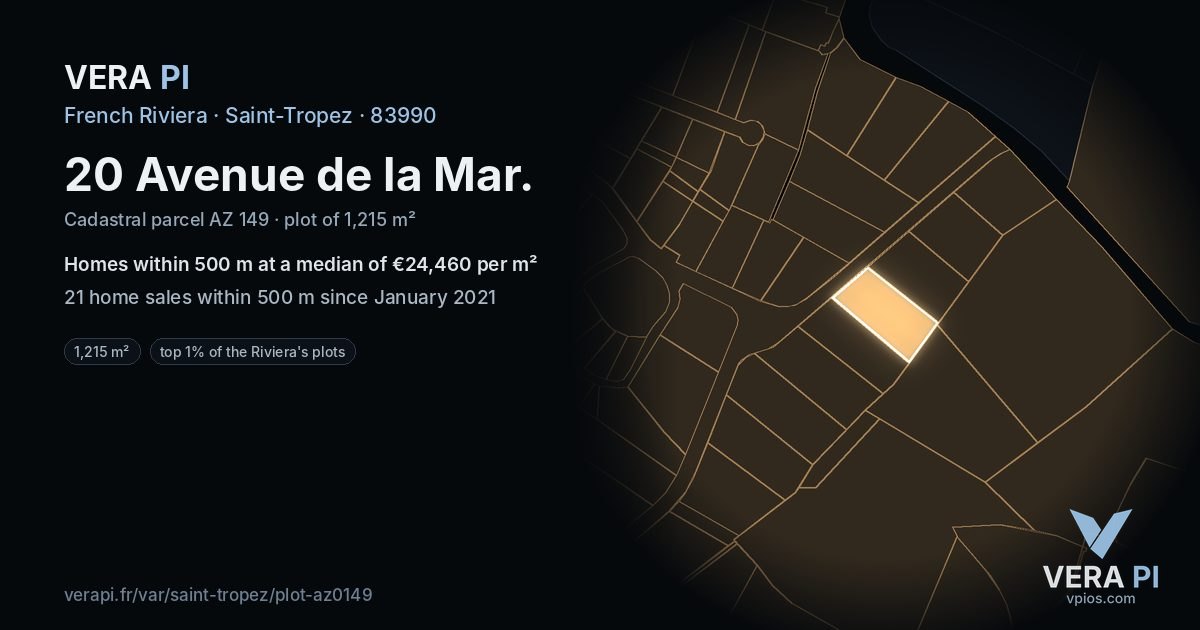 20 Avenue de la Mar, Saint-Tropez at night – the plot lit, the parcels around coloured by the prices near them