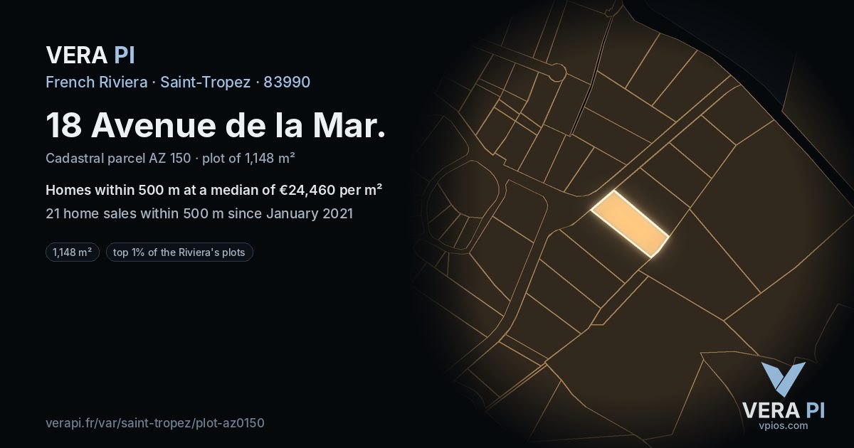 18 Avenue de la Mar, Saint-Tropez at night – the plot lit, the parcels around coloured by the prices near them