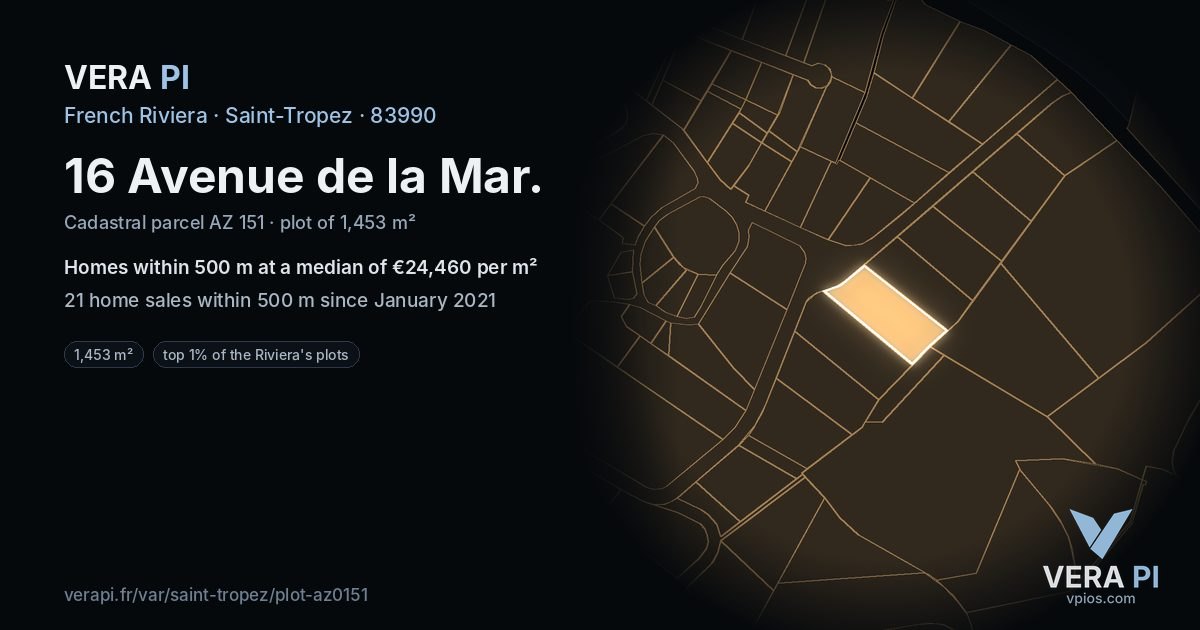 16 Avenue de la Mar, Saint-Tropez at night – the plot lit, the parcels around coloured by the prices near them