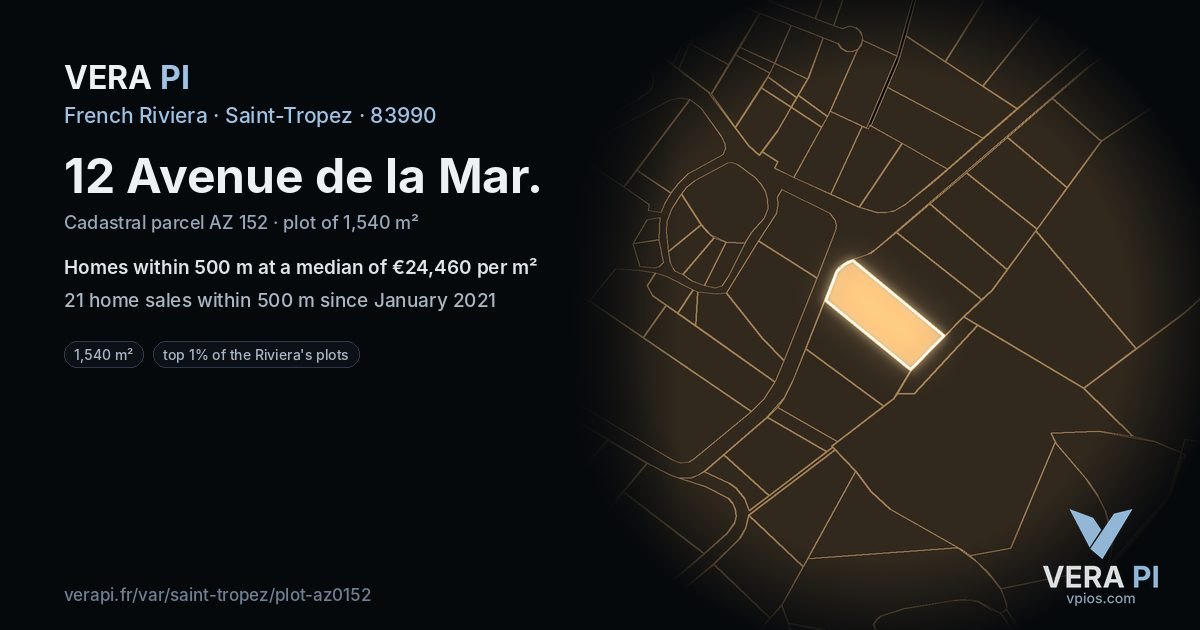 12 Avenue de la Mar, Saint-Tropez at night – the plot lit, the parcels around coloured by the prices near them