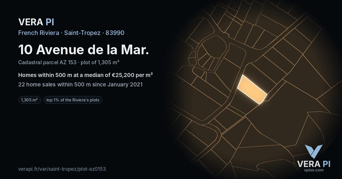 10 Avenue de la Mar, Saint-Tropez at night – the plot lit, the parcels around coloured by the prices near them