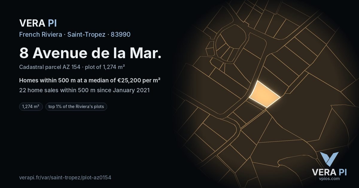 8 Avenue de la Mar, Saint-Tropez at night – the plot lit, the parcels around coloured by the prices near them
