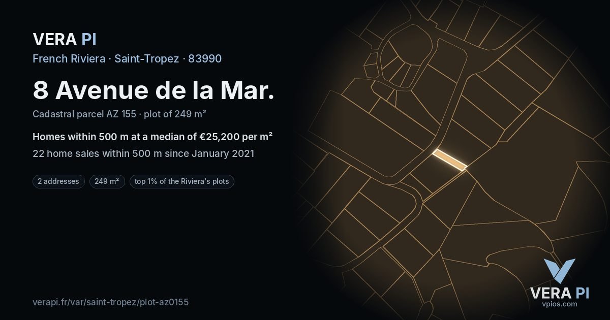 8 Avenue de la Mar, Saint-Tropez at night – the plot lit, the parcels around coloured by the prices near them