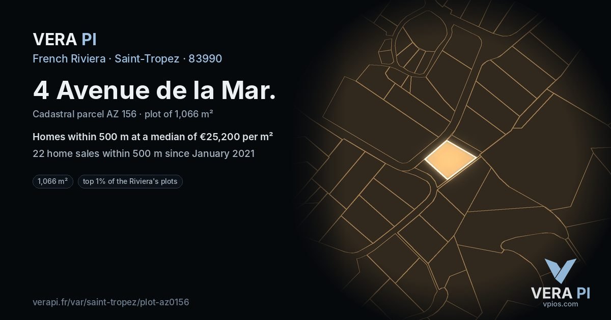 4 Avenue de la Mar, Saint-Tropez at night – the plot lit, the parcels around coloured by the prices near them