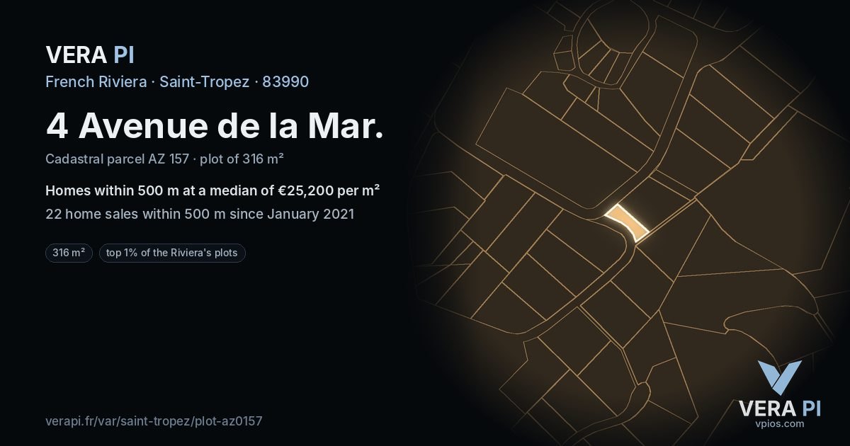 4 Avenue de la Mar, Saint-Tropez at night – the plot lit, the parcels around coloured by the prices near them