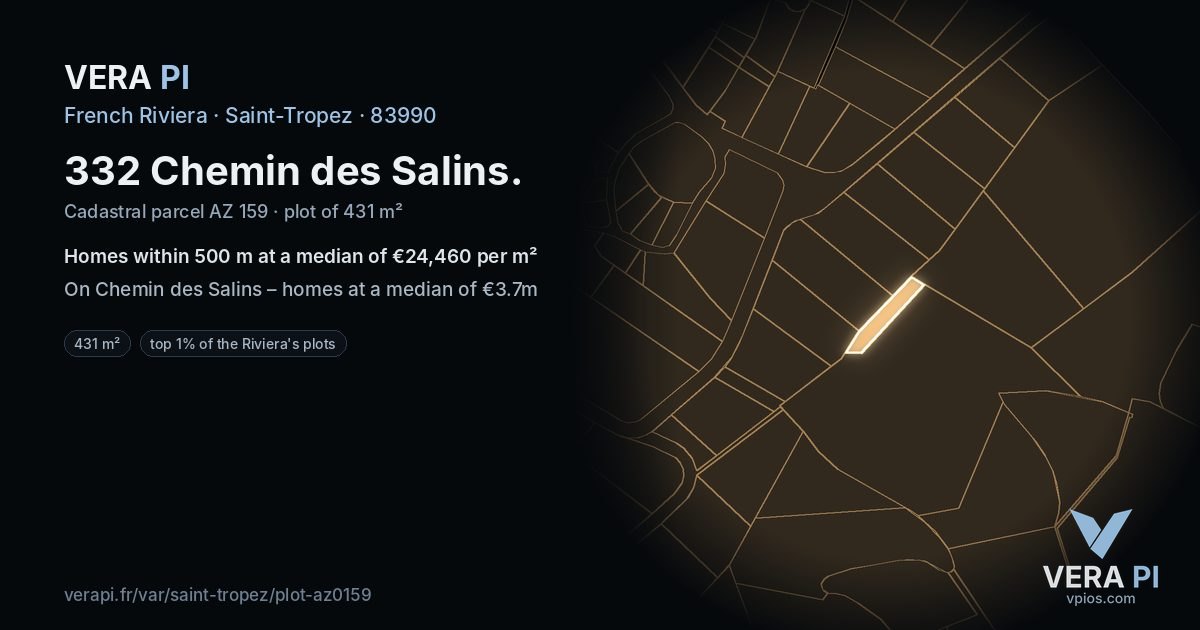 332 Chemin des Salins, Saint-Tropez at night – the plot lit, the parcels around coloured by the prices near them