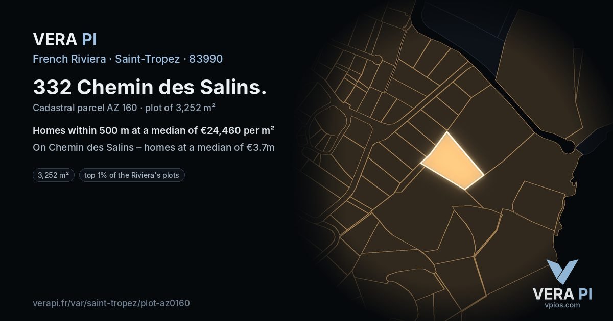 332 Chemin des Salins, Saint-Tropez at night – the plot lit, the parcels around coloured by the prices near them