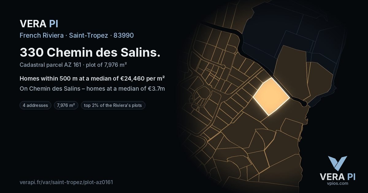 330 Chemin des Salins, Saint-Tropez at night – the plot lit, the parcels around coloured by the prices near them