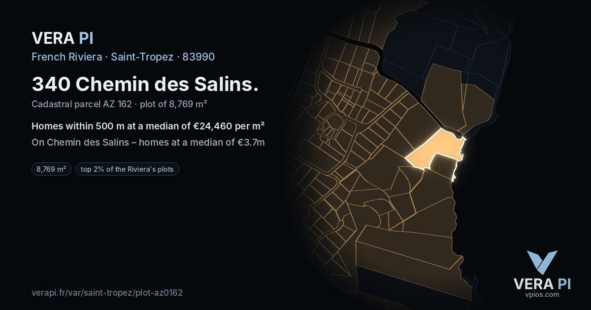 340 Chemin des Salins, Saint-Tropez at night – the plot lit, the parcels around coloured by the prices near them