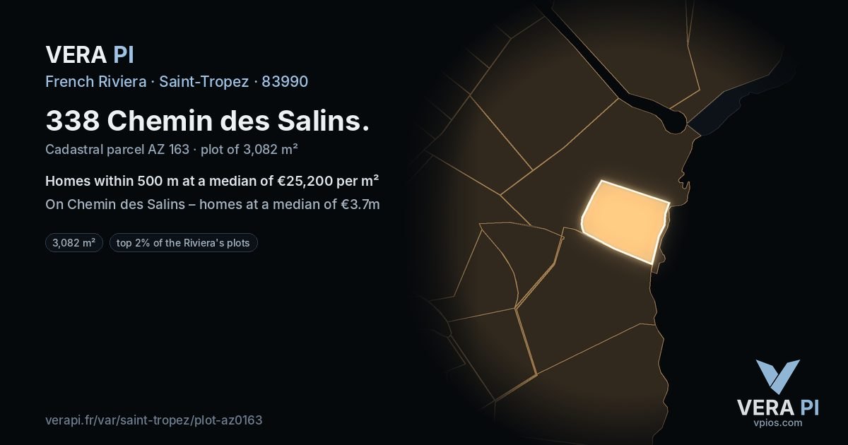 338 Chemin des Salins, Saint-Tropez at night – the plot lit, the parcels around coloured by the prices near them