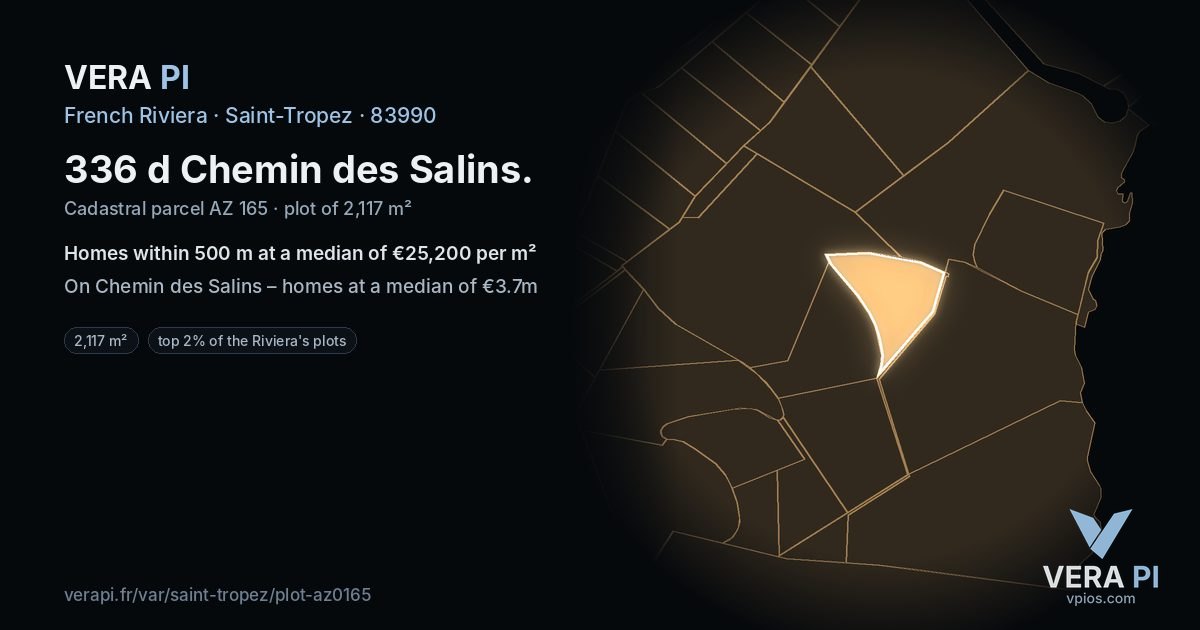 336 d Chemin des Salins, Saint-Tropez at night – the plot lit, the parcels around coloured by the prices near them