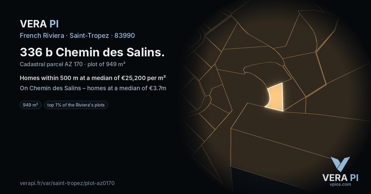 336 b Chemin des Salins, Saint-Tropez at night – the plot lit, the parcels around coloured by the prices near them