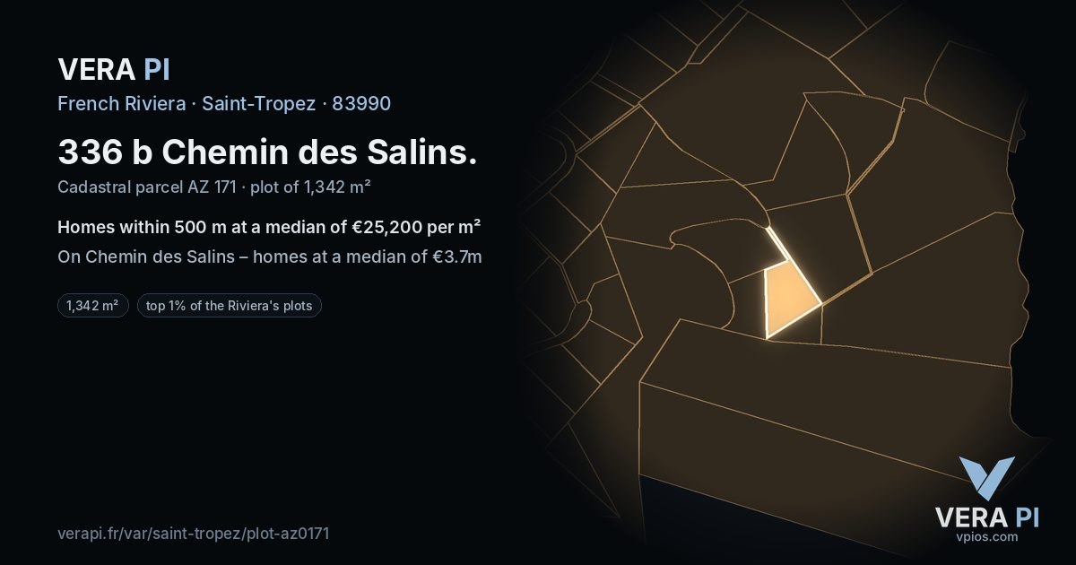336 b Chemin des Salins, Saint-Tropez at night – the plot lit, the parcels around coloured by the prices near them