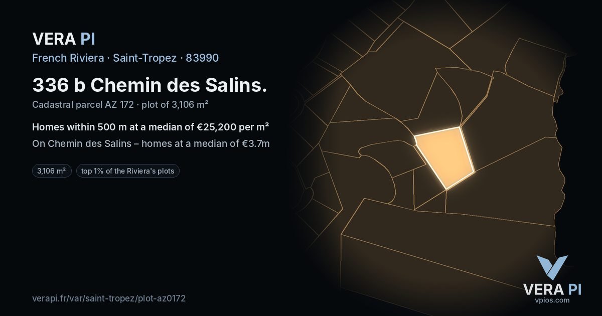 336 b Chemin des Salins, Saint-Tropez at night – the plot lit, the parcels around coloured by the prices near them