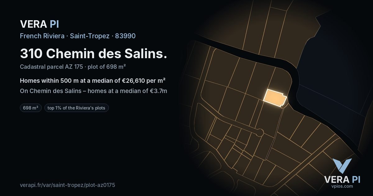 310 Chemin des Salins, Saint-Tropez at night – the plot lit, the parcels around coloured by the prices near them