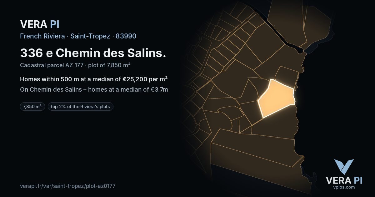 336 e Chemin des Salins, Saint-Tropez at night – the plot lit, the parcels around coloured by the prices near them