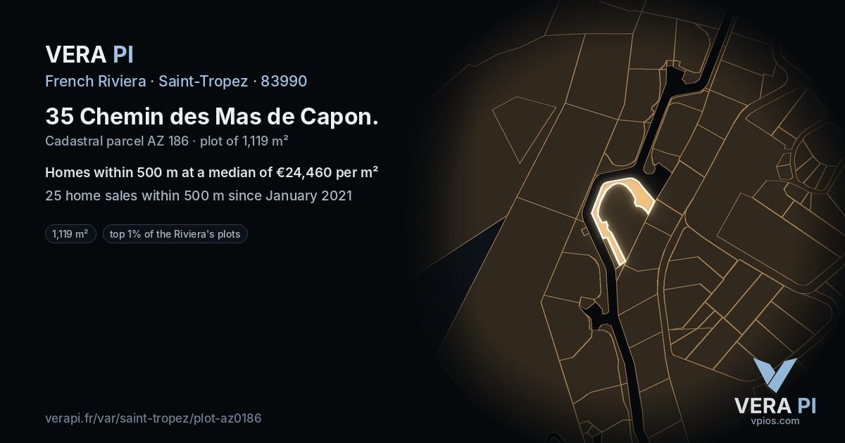 35 Chemin des Mas de Capon, Saint-Tropez at night – the plot lit, the parcels around coloured by the prices near them