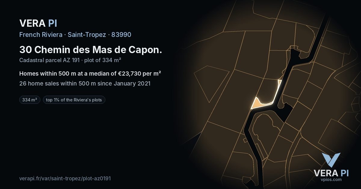 30 Chemin des Mas de Capon, Saint-Tropez at night – the plot lit, the parcels around coloured by the prices near them