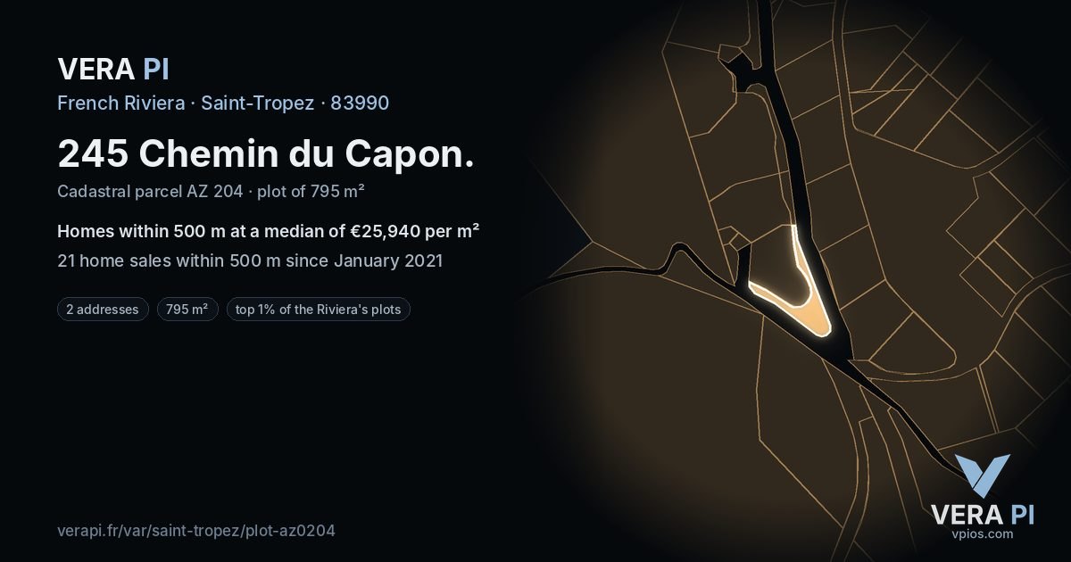 245 Chemin du Capon, Saint-Tropez at night – the plot lit, the parcels around coloured by the prices near them