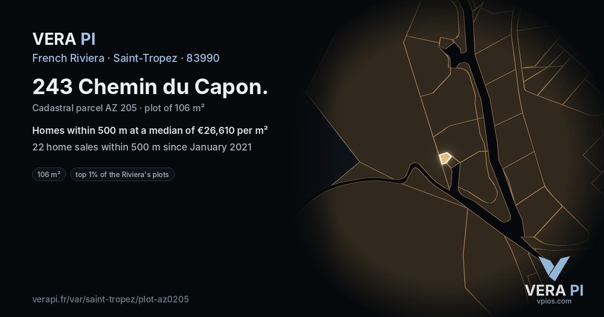 243 Chemin du Capon, Saint-Tropez at night – the plot lit, the parcels around coloured by the prices near them