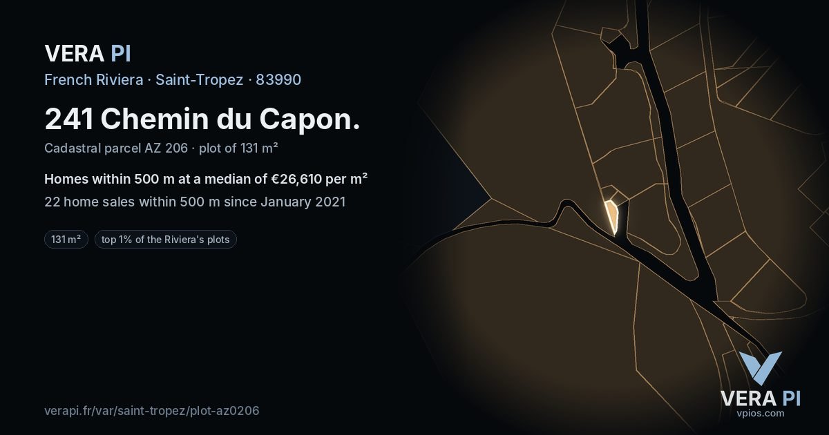 241 Chemin du Capon, Saint-Tropez at night – the plot lit, the parcels around coloured by the prices near them