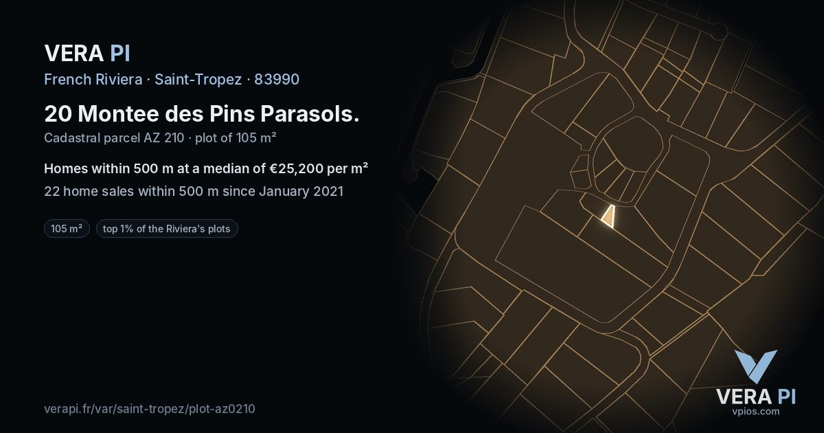 20 Montee des Pins Parasols, Saint-Tropez at night – the plot lit, the parcels around coloured by the prices near them