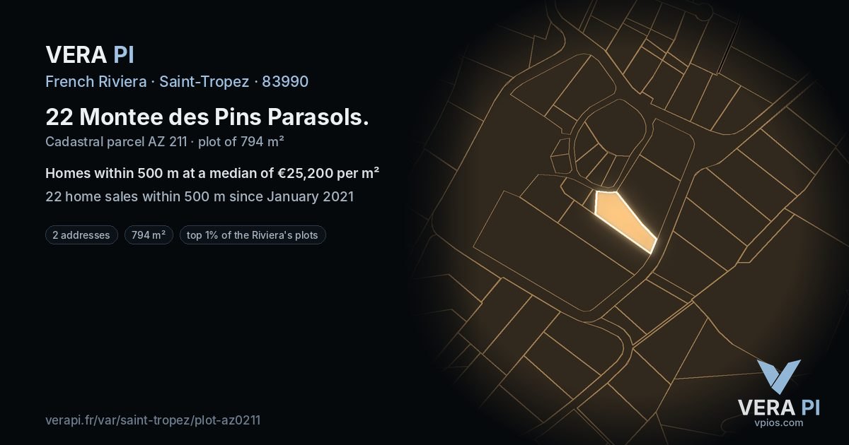 22 Montee des Pins Parasols, Saint-Tropez at night – the plot lit, the parcels around coloured by the prices near them