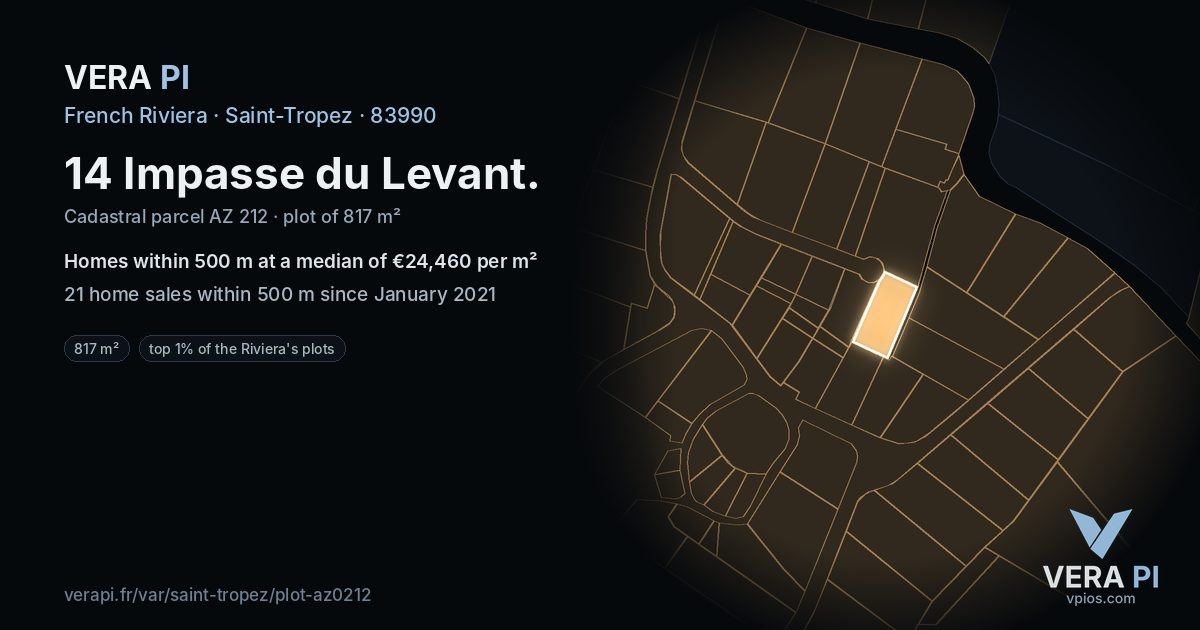 14 Impasse du Levant, Saint-Tropez at night – the plot lit, the parcels around coloured by the prices near them