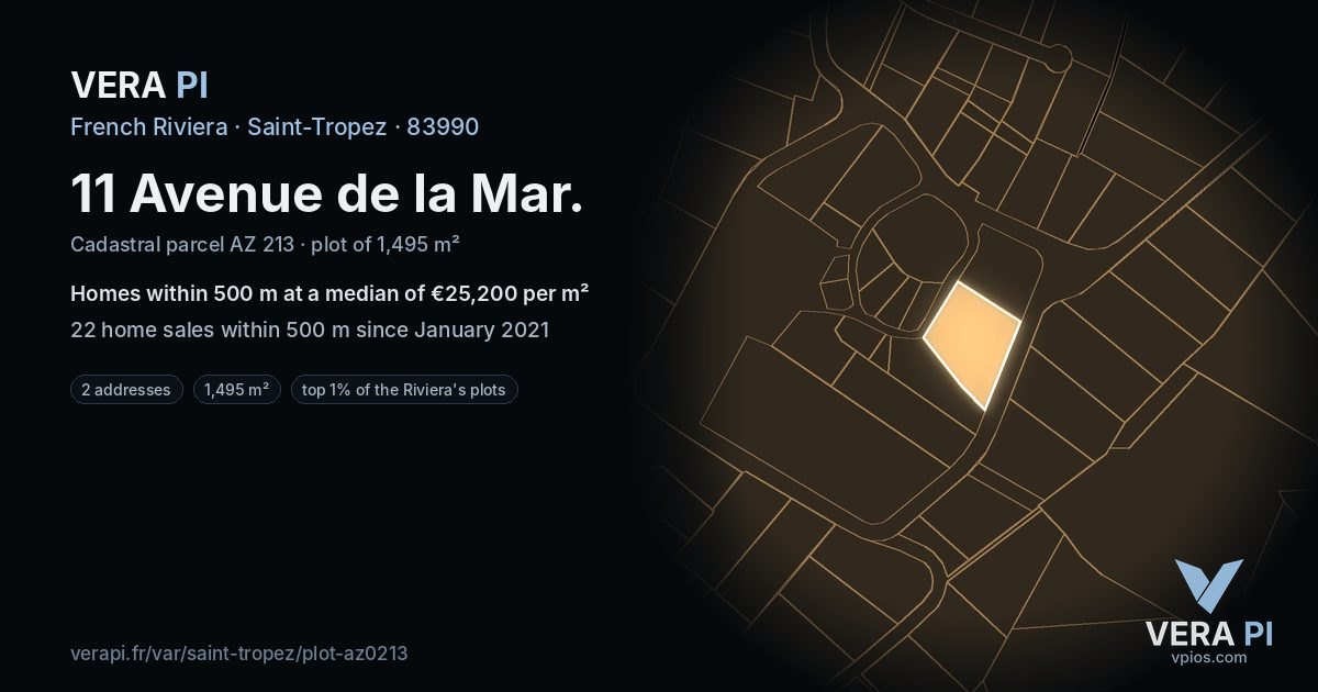11 Avenue de la Mar, Saint-Tropez at night – the plot lit, the parcels around coloured by the prices near them
