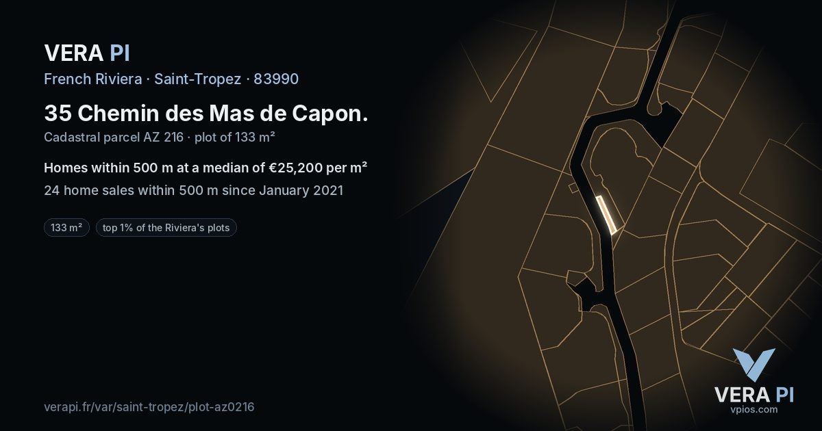 35 Chemin des Mas de Capon, Saint-Tropez at night – the plot lit, the parcels around coloured by the prices near them