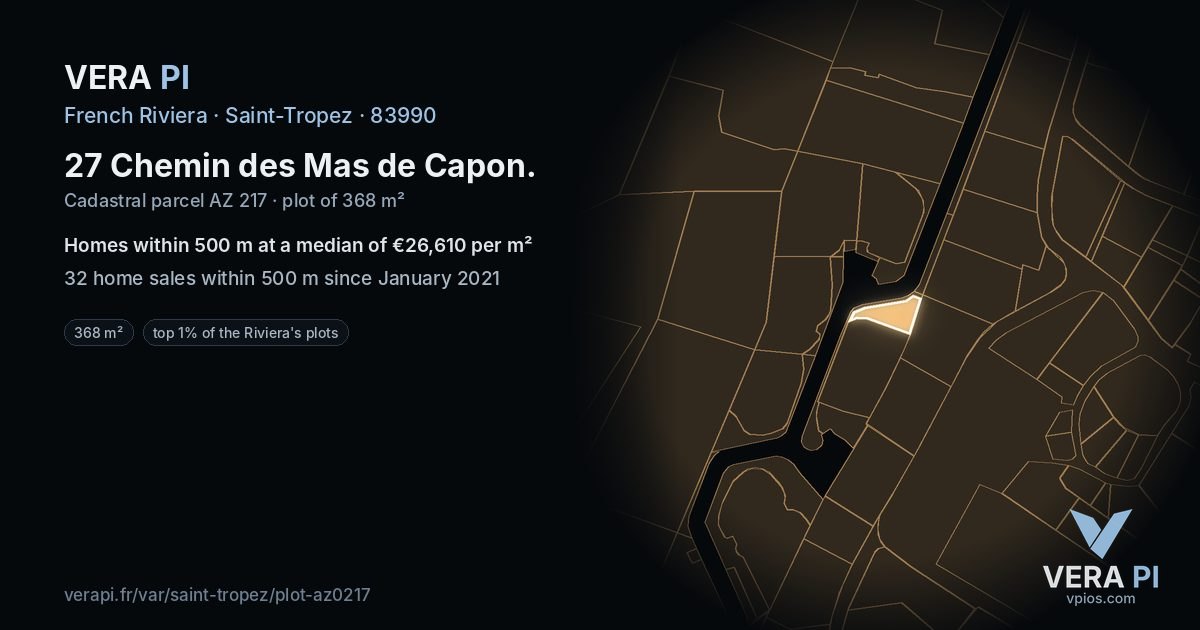 27 Chemin des Mas de Capon, Saint-Tropez at night – the plot lit, the parcels around coloured by the prices near them