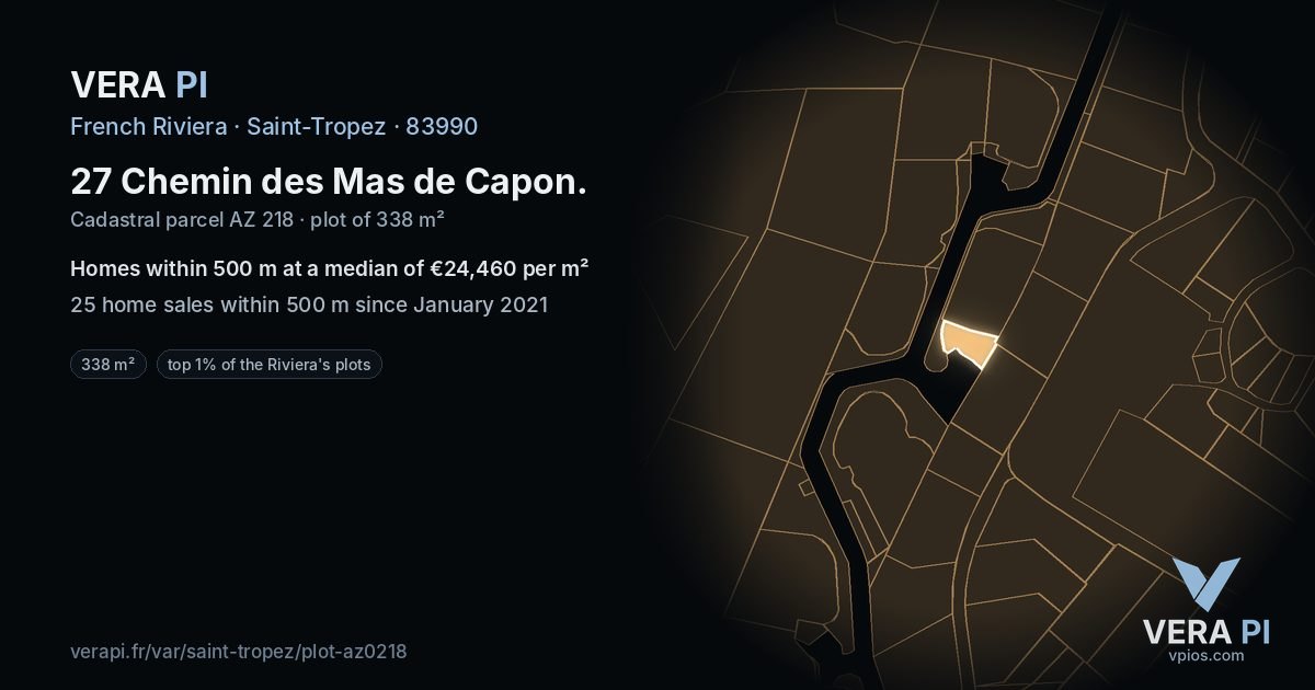 27 Chemin des Mas de Capon, Saint-Tropez at night – the plot lit, the parcels around coloured by the prices near them