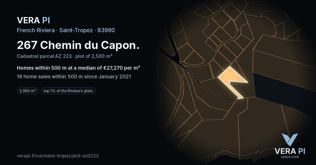 267 Chemin du Capon, Saint-Tropez at night – the plot lit, the parcels around coloured by the prices near them