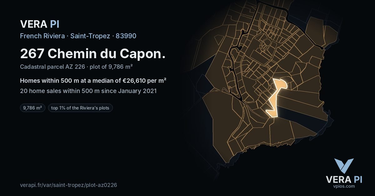 267 Chemin du Capon, Saint-Tropez at night – the plot lit, the parcels around coloured by the prices near them