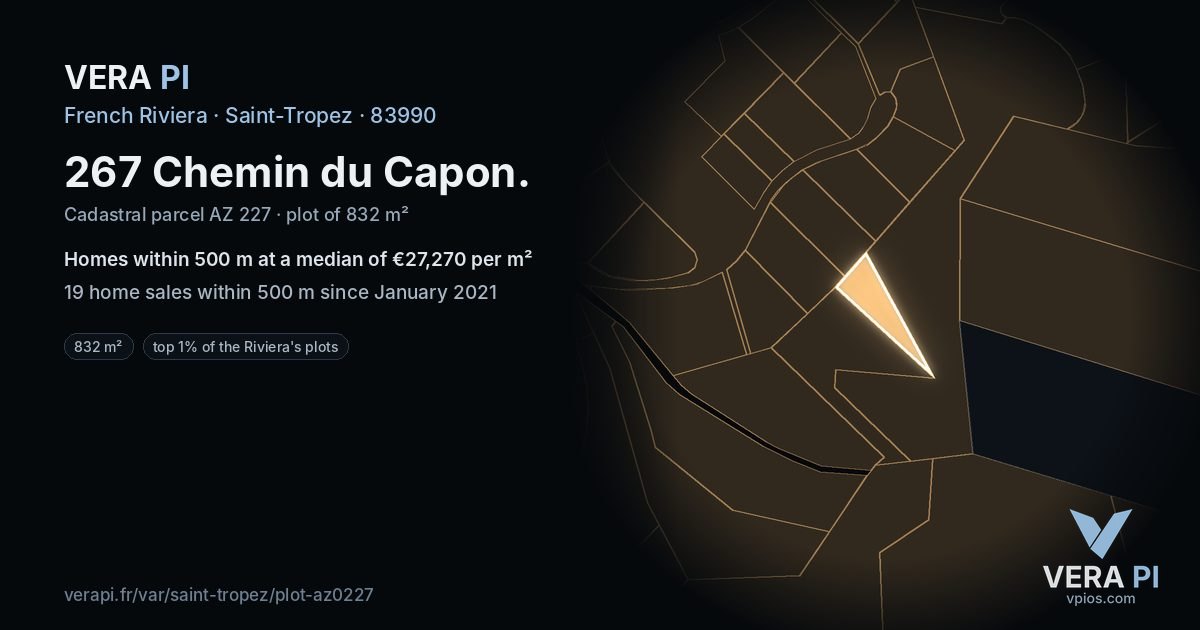 267 Chemin du Capon, Saint-Tropez at night – the plot lit, the parcels around coloured by the prices near them
