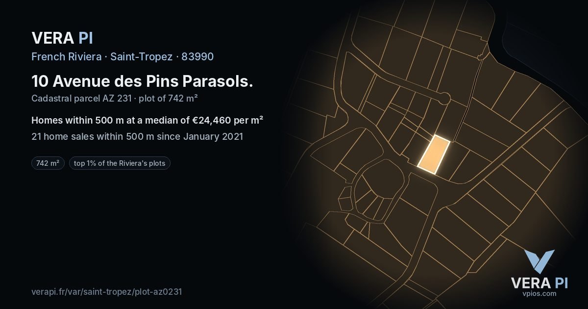 10 Avenue des Pins Parasols, Saint-Tropez at night – the plot lit, the parcels around coloured by the prices near them