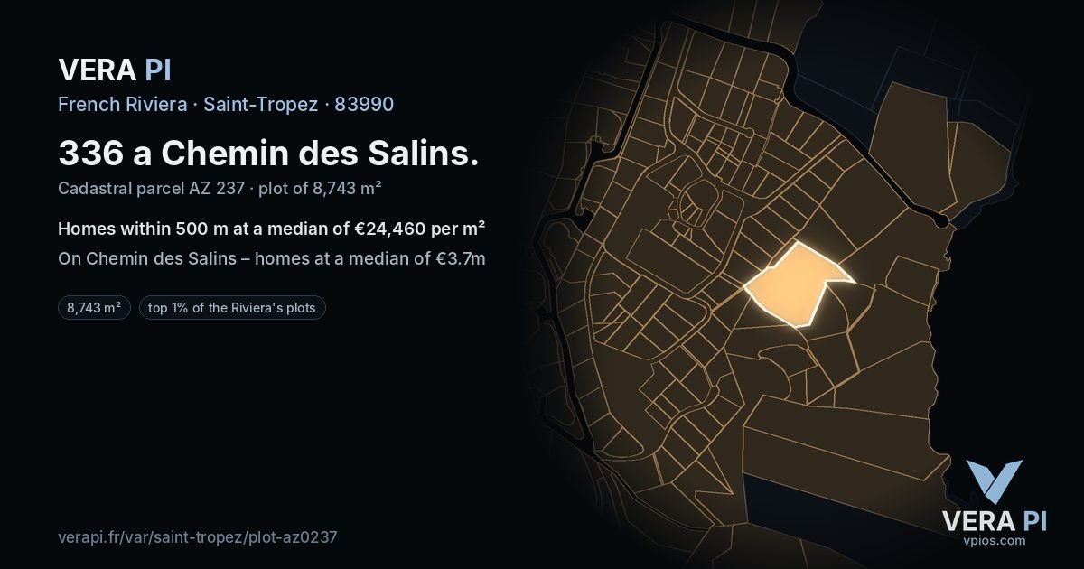 336 a Chemin des Salins, Saint-Tropez at night – the plot lit, the parcels around coloured by the prices near them