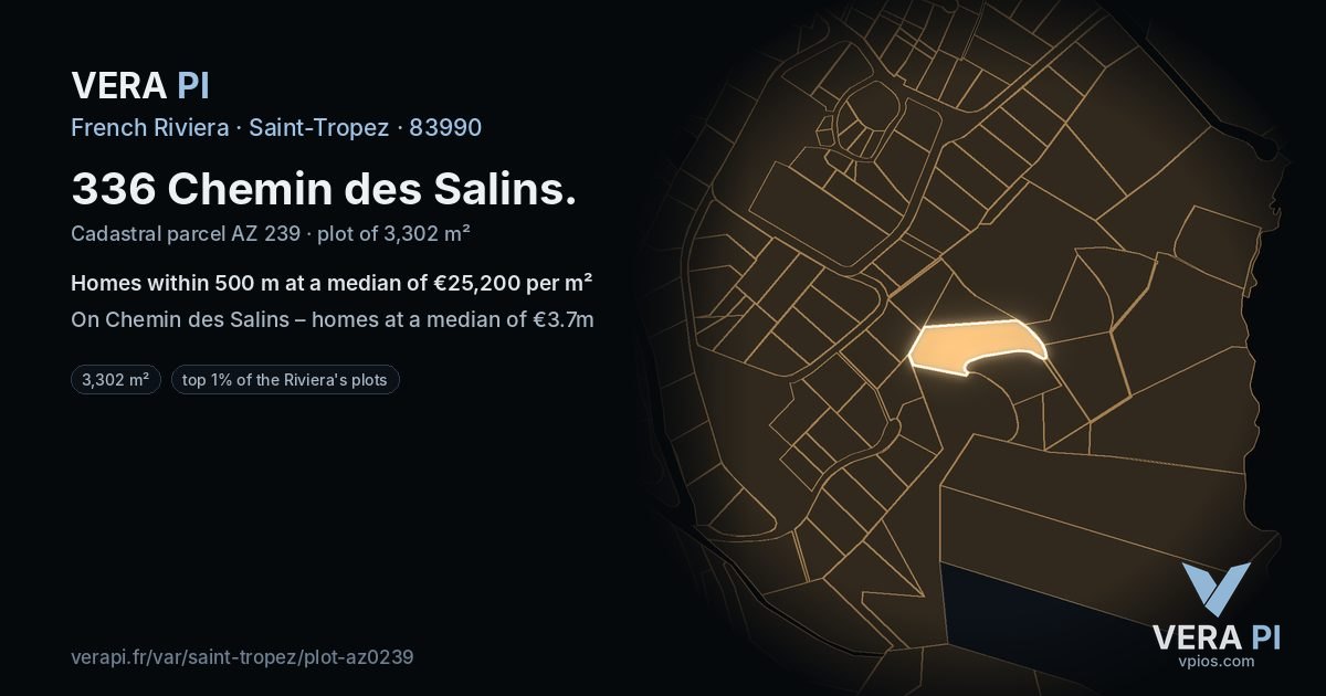336 Chemin des Salins, Saint-Tropez at night – the plot lit, the parcels around coloured by the prices near them