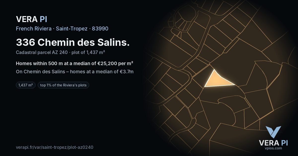 336 Chemin des Salins, Saint-Tropez at night – the plot lit, the parcels around coloured by the prices near them