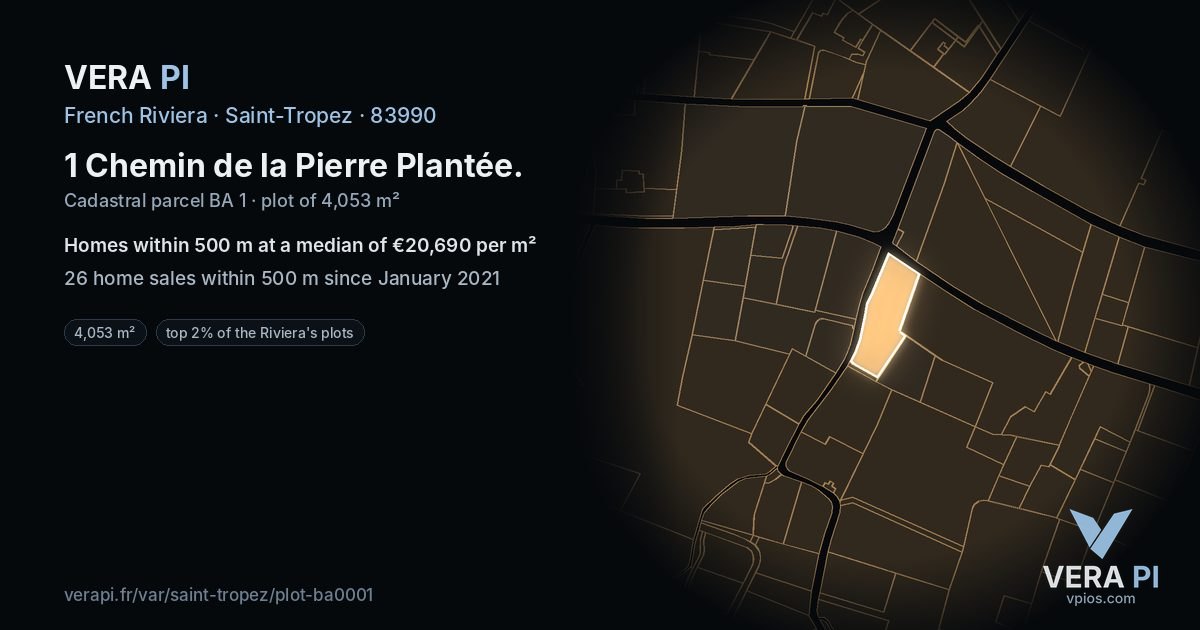 1 Chemin de la Pierre Plantée, Saint-Tropez at night – the plot lit, the parcels around coloured by the prices near them