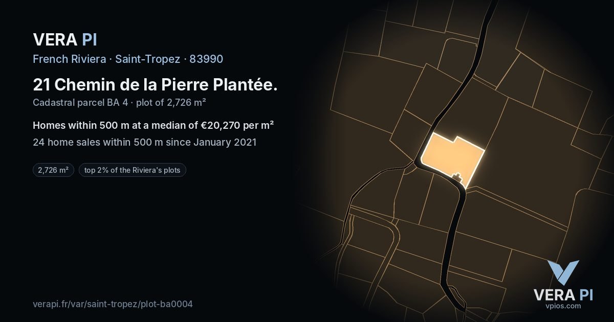 21 Chemin de la Pierre Plantée, Saint-Tropez at night – the plot lit, the parcels around coloured by the prices near them
