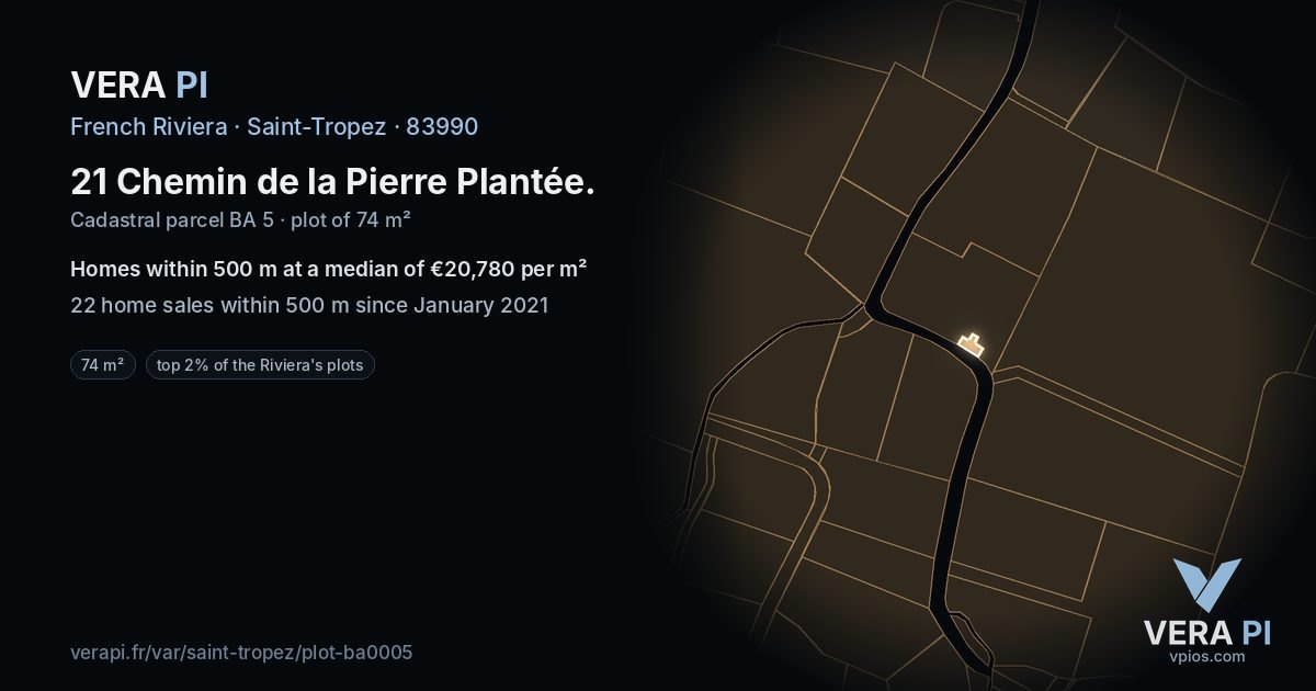 21 Chemin de la Pierre Plantée, Saint-Tropez at night – the plot lit, the parcels around coloured by the prices near them