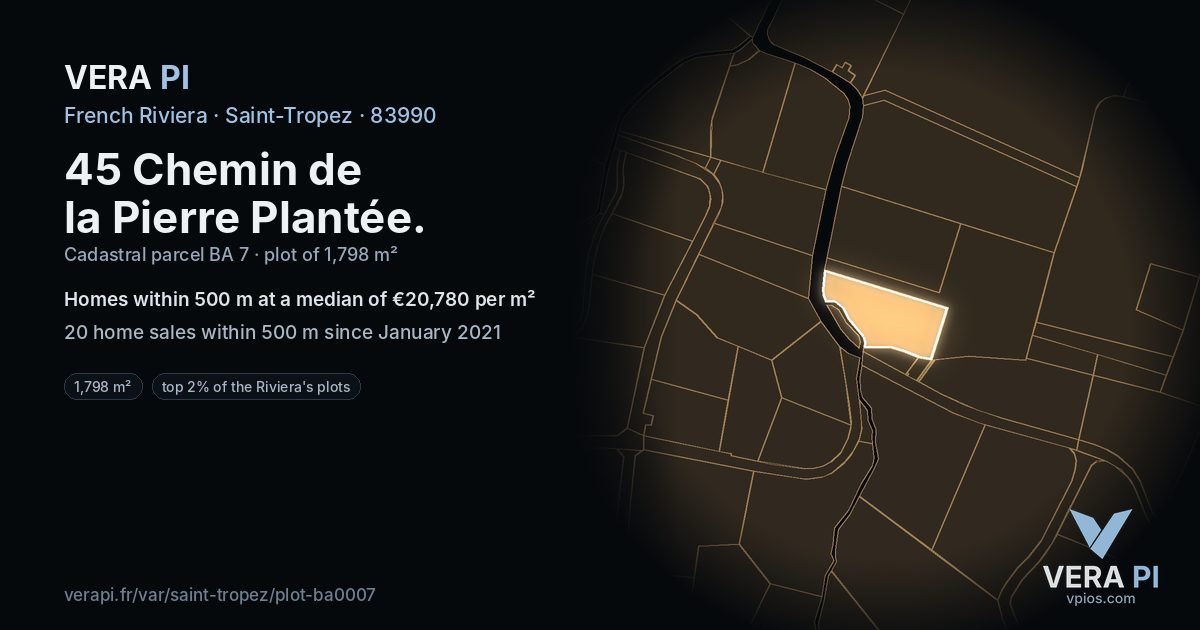 45 Chemin de la Pierre Plantée, Saint-Tropez at night – the plot lit, the parcels around coloured by the prices near them